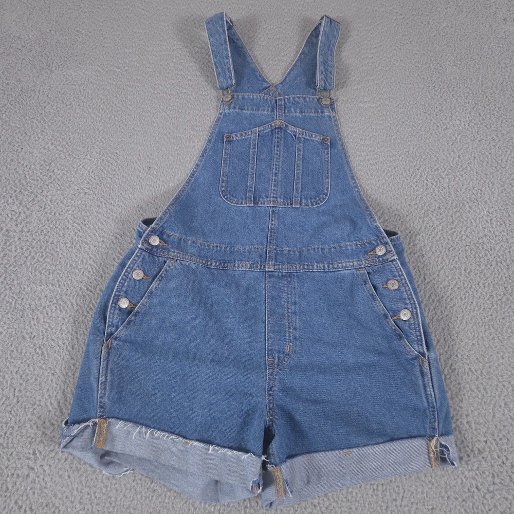 Old Navy Overalls Women Medium Blue Bib Denim 3.5" Cuffed Medium Wash Casual